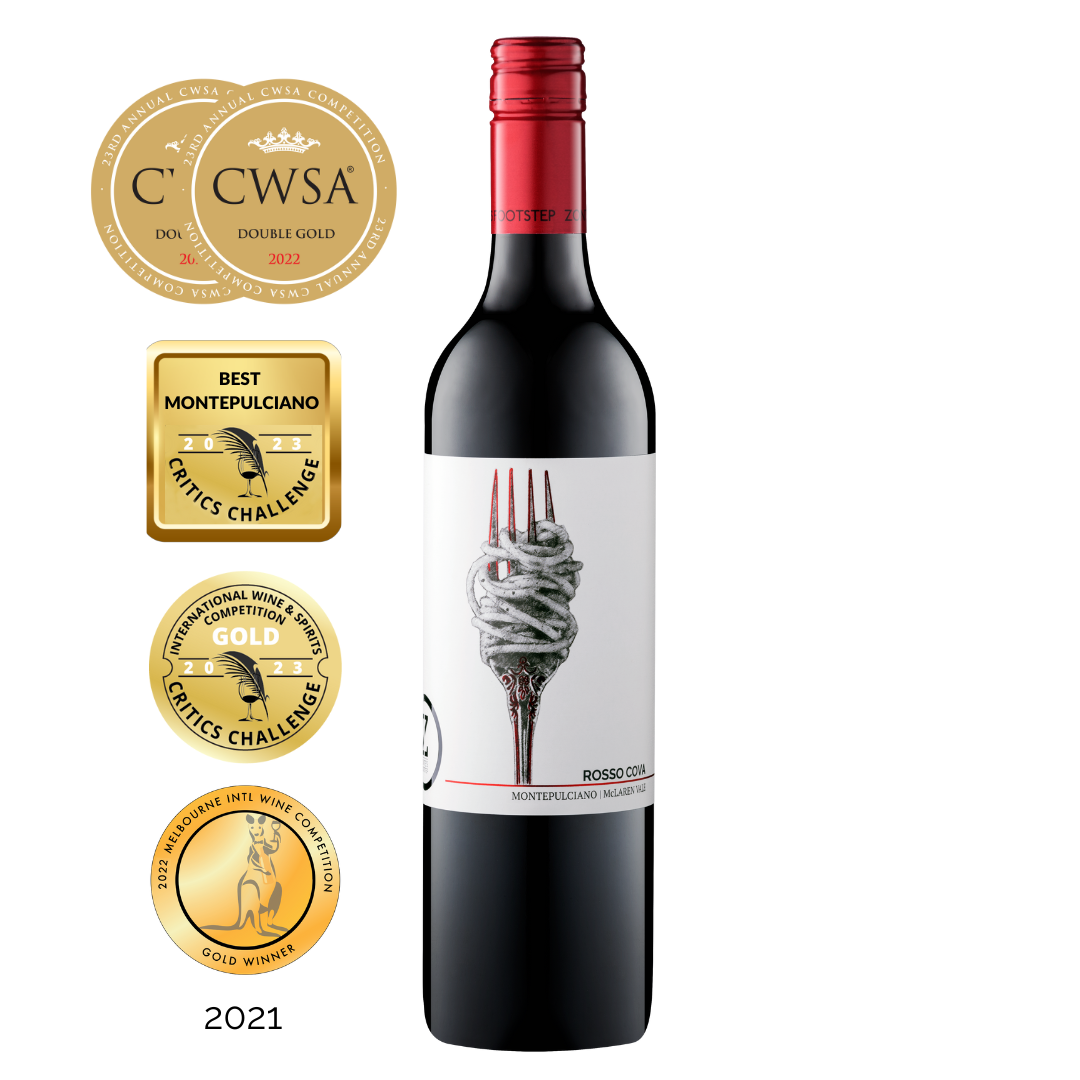 Zonte's Footstep Rosso Cova Montepulciano 2021 bottle shot with gold medal awards