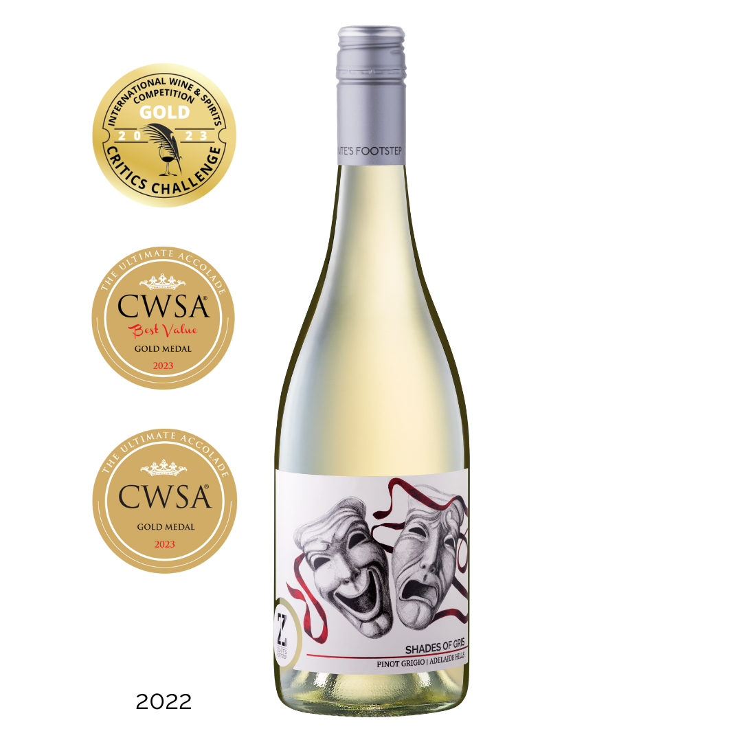 Zonte's Footstep Shades of Gris Pinot Grigio 2022 bottle shot with gold medal awards