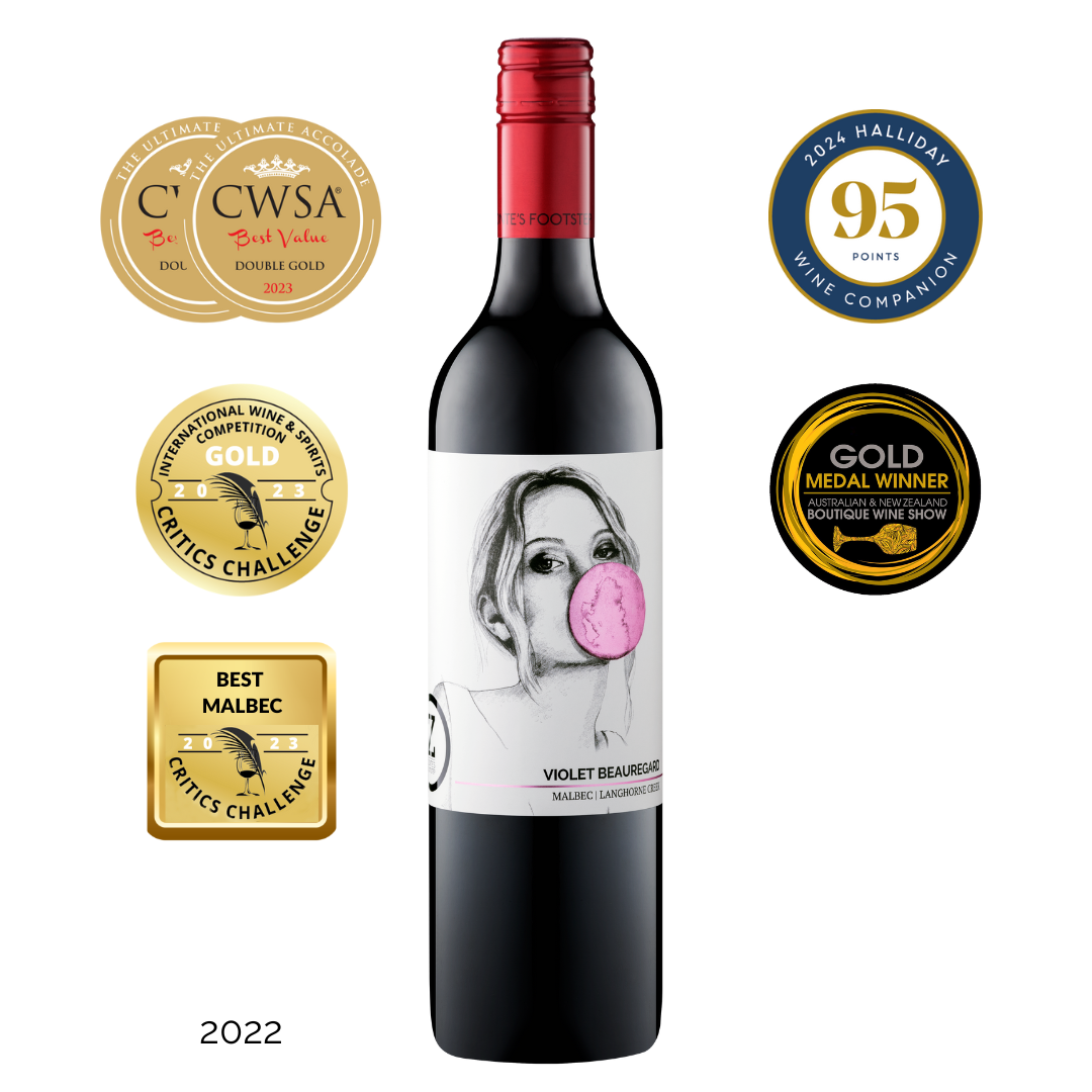 Zonte's Footstep Violet Beauregard Malbec 2022 bottle shot with gold medal award and 95 pt