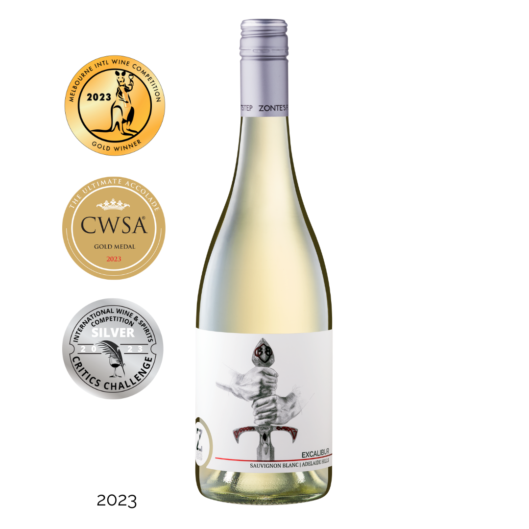 Zonte's Footstep Excalibur Sauvignon Blanc bottle shot with medals for 2023 vintage